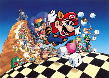 The main cast of Super Mario Bros. 3 - (the Koopalings, Bowser, Mario, Princess Toadstool, Toad and Luigi) and some enemies (Koopa Troopa, Koopa Paratroopa, Goomba, Para-Goomba, Spiny, Hammer Brother, Lakitu, Spiny Egg and Scattering Bloober) - in promotional artwork for the Game Boy Advance remake, Super Mario Advance 4: Super Mario Bros. 3. A re-creation of the boxart of the original Famicom version.