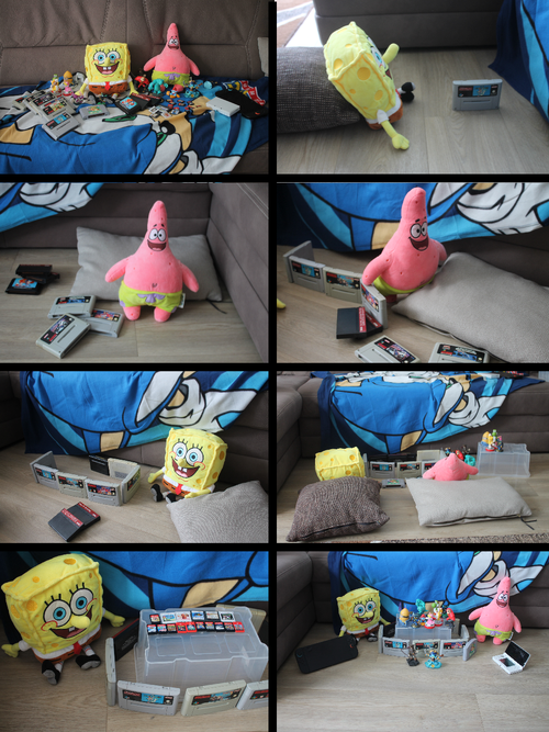 Eight photographs are shown in comic format, arranged left to right, top to bottom. The first shows Spongebob and Patrick behind a lot of cartridges for consoles like the SNES, DS, 3DS, Switch 1, and Switch 2. There are also some figurines (and maybe they should tape the cartridges of Mario Kart World and Sonic Racing: CrossWorlds together to quell the debates and make peace) The second shows Spongebob placing a SNES cartridge rightside-up. The third shows Patrick with some additional cartridges on their side. The fourth shows Patrick placing those cartridges rightside up in a line, as if a wall. In the fifth, Spongebob is again placing cartridges, adding on to Patrick's cartridge wall and starting to form the cartridges into a circle. In the sixth, Spongebob and Patrick are almost ready, with a circle of cartridges completed. The seventh panel shows Spongebob placing a tub with DS, 3DS, And Switch 1 & 2 cartridges on top of it into the circle of cartridges. In the eighth and final image, Spongebob (The SpongeHead) And Patrick (The Mayo King) have completed their display and added figurines on top of the tub.