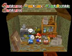 Mario after getting his stolen Coins back in Rogueport of Paper Mario: The Thousand-Year Door.
