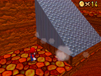 Mario next to a hidden smasher in Lethal Lava Land