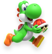 Artwork of Yoshi and a Red Shell from Super Mario Bros. Wonder