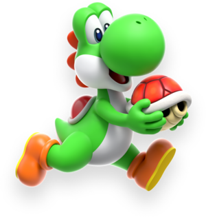 Artwork of Yoshi and a Red Shell from Super Mario Bros. Wonder