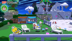 Mario standing near a hole containing a Coin Bag in Shangri-Spa of The Origami King.