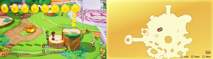 Mario and Luigi near 3 Coins and 8 10-Coins in the illusionary Mushroom Kingdom area of Soli-Tree of Mario & Luigi: Brothership.
