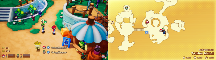 Mario and Luigi near a wooden crate containing a Boo Biscuit on Twistee Island of Mario & Luigi: Brothership.
