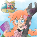 Penny holding a giant wrench