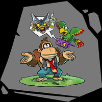 Loading art of Donkey Kong, Squawks holding a Squawkie-Talkie, and Void Kong from Donkey Kong Bananza: DK Island & Emerald Rush