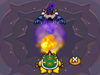 Dark Bowser breathing fire at Bowser at the top of Peach's Castle