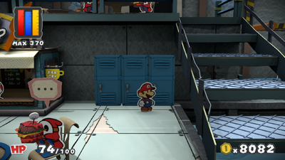 Mario in front of 2 lockers containing a Coin each in Fort Cobalt of Paper Mario: Color Splash.