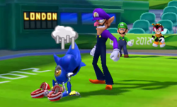 Luigi and Charmy Bee watch Metal Sonic mope over his loss to Waluigi