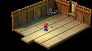 Jinx giving Mario Jinx Belt and Teamwork Band in the Monstro Town of Super Mario RPG.
