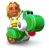 A Mii riding a mechanical Yoshi in the minigame Yoshi's Fruit Cart