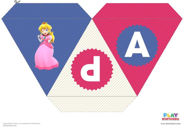 Printable sheet for three Super Mario Party pennants, one of which shows Princess Peach.