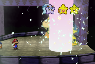 The Peach Beam being used on Bowser to make the Star Rod's power become weak enough so that Mario and his allies can attack him.