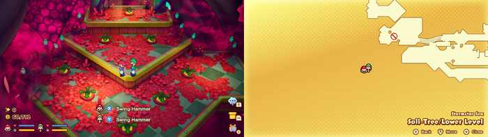 Mario and Luigi near 7 Grampy Turnips and a Golden Grampy Turnip in Soli-Tree from Mario & Luigi: Brothership.