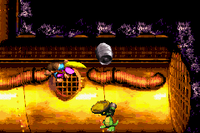 Dixie Kong throwing a Steel Barrel at the wall behind Koin of Surf's Up in the Game Boy Advance version of Donkey Kong Country 3