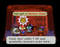 Mario getting a Meteor Meal from Eve in Twilight Town of Paper Mario: The Thousand-Year Door.