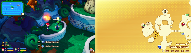 Mario and Luigi near a Sprite Bulb Nest on Twistee Island of Mario & Luigi: Brothership.