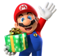 Mario holding a Christmas present (golden button)