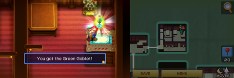 Mario picking up the Green Goblet in Chateau de Chucklehuck part of Chucklehuck Woods of Mario & Luigi: Superstar Saga + Bowser's Minions.