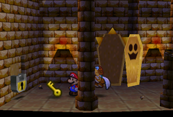 Mario finding the third Ruins Key in Dry Dry Ruins of Paper Mario.