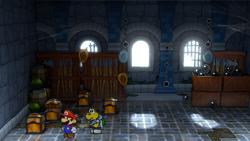 Second, third and fourth treasure chests in the Hooktail Castle in the remake of Paper Mario: The Thousand-Year Door for the Nintendo Switch.