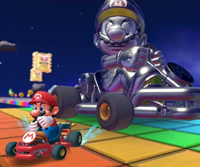 Thumbnail of the Larry Cup challenge from the Super Mario Kart Tour; a Vs. Mega Metal Mario challenge set on RMX Rainbow Road 1 (reused as the Bowser Cup's bonus challenge in the Piranha Plant Tour)