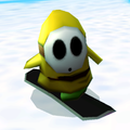 A yellow Shy Guy Snowboarder in Mario Kart Wii