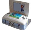 A sponge and jam cake featuring official Mario and Luigi artwork from New Super Mario Bros. The cake resembles a Nintendo DS; however, the top screen is a piece of cardboard to write messages on.