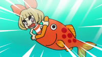 Lulu struggling with a fish in WarioWare: Move It!