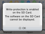 An SD card write-protection slider error message on Nintendo 3DS' main menu, for the specific purpose of the Memory Card page.