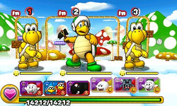 Screenshot of the boss battle in World 1-6, from Puzzle & Dragons: Super Mario Bros. Edition.