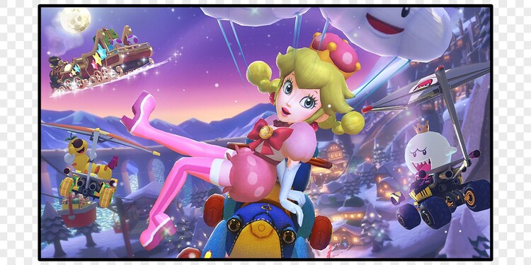 Screenshot of Peachette in Mario Kart 8 Deluxe shown with question 2 of the Mario Kart 8 DLC Character Personality Quiz.