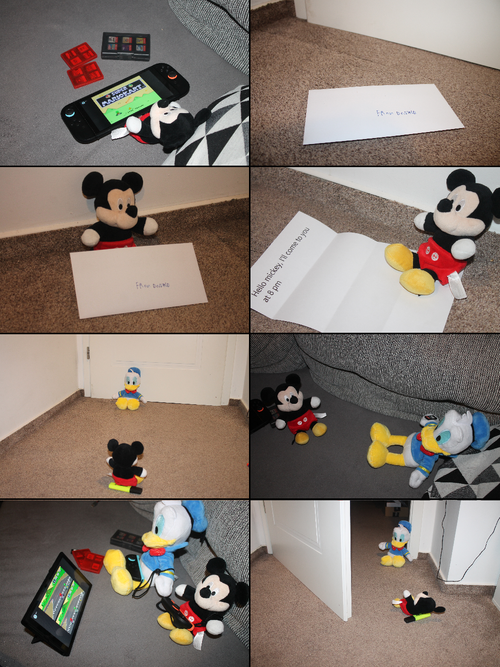 Eight photographs are shown in comic format, arranged left to right, top to bottom. The first shows Mickey mouse playing on the Nintendo Switch 2. The second shows an envelope labeled "From Donald". The third shows Mickey with the envelope readied to be open. The fourth shows Mickey reading the mail, on which is written "Hello Mickey, I'll come to you at 8 pm". In the fifth, Mickey is seeing and saying hello to Donald Duck. In the sixth, Mickey and Donald are seen on a couch and Donald's hand has a Switch cartridge in it. The seventh panel shows Mickey and Donald with Joy-Cons, playing Super Mario Kart on the Switch 2. In the eighth Panel. Mickey is saying goodbye to Donald.