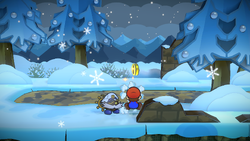 Mario getting a Coin from a bush in Path to Fahr Outpost of Paper Mario: The Thousand-Year Door for Nintendo Switch.