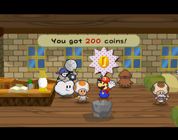 Mario getting 200 Coins from the innkeeper in Rogueport of Paper Mario: The Thousand-Year Door.