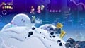 Mario, Luigi, Peach, Yellow Toad, and a giant rolling snow ball in a snowy level