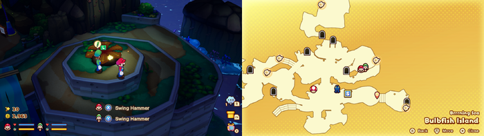 Mario and Luigi near a Golden Plug Radish containing 12 Coins on Bulbfish Island of Mario & Luigi: Brothership.