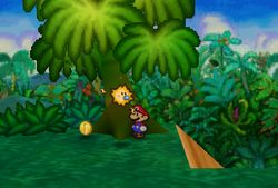 Mario finding a Coin from a tree in Jade Jungle of Paper Mario.