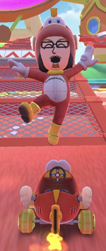 The Cheep Cheep Mii Racing Suit performing a trick.