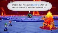 Shun explaining that Pipegunk powers up when fiery or icy in Mario & Luigi: Brothership.
