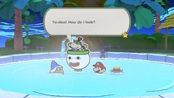 Bowser Jr., Kamek, Mario, and Olivia in a hot spring in Paper Mario: The Origami King