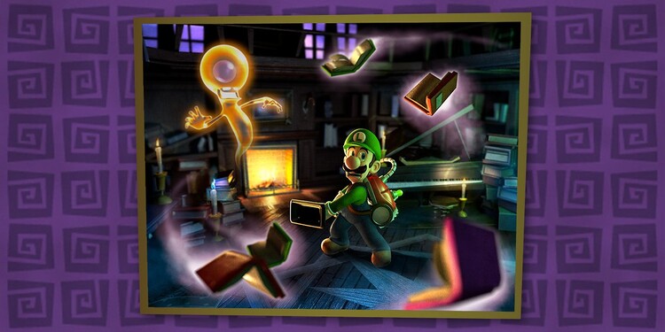 Artwork of Luigi and a Poltergeist shown with the third question of Luigi's Mansion 2 HD Ghost Personality Quiz.