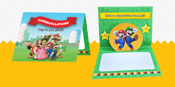Banner for a printable graduation card featuring Mario, Luigi, and other Super Mario characters