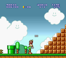 Mario stomping on a Goomba in World 1-1 of Super Mario Bros.: The Lost Levels, specifically the Super Mario All-Stars version.