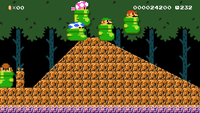 A forest theme in the Super Mario Bros style with Big Mario, Luigi, Toad, and Toadette riding the Goomba's Shoe