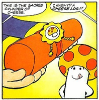 King Toadstool presents the Sacred Cylinder of Cheese to a rather unexcited Mario in the Super Mario Bros. comic "A Mouser in the Houser".