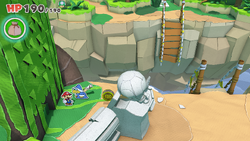 Mario standing near a 100-Coin in Spring of Jungle Mist of The Origami King.