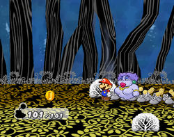 Mario getting a Coin from a bush in The Great Tree of Paper Mario: The Thousand-Year Door.