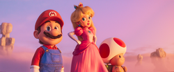 Mario, Princess Peach and Toad, determined, look out from atop the High Cliffs.
